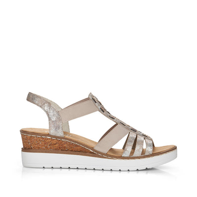 RIEKER - V3822-90 WEDGE FASHION SANDAL - TAUPE METALLIC