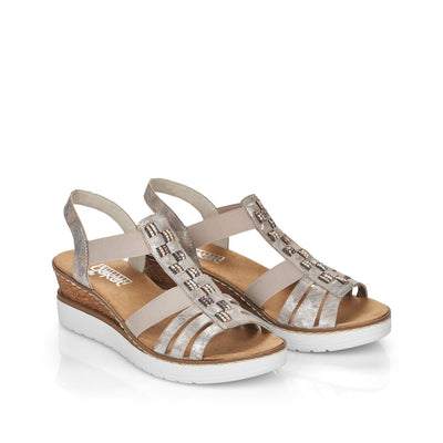 RIEKER - V3822-90 WEDGE FASHION SANDAL - TAUPE METALLIC