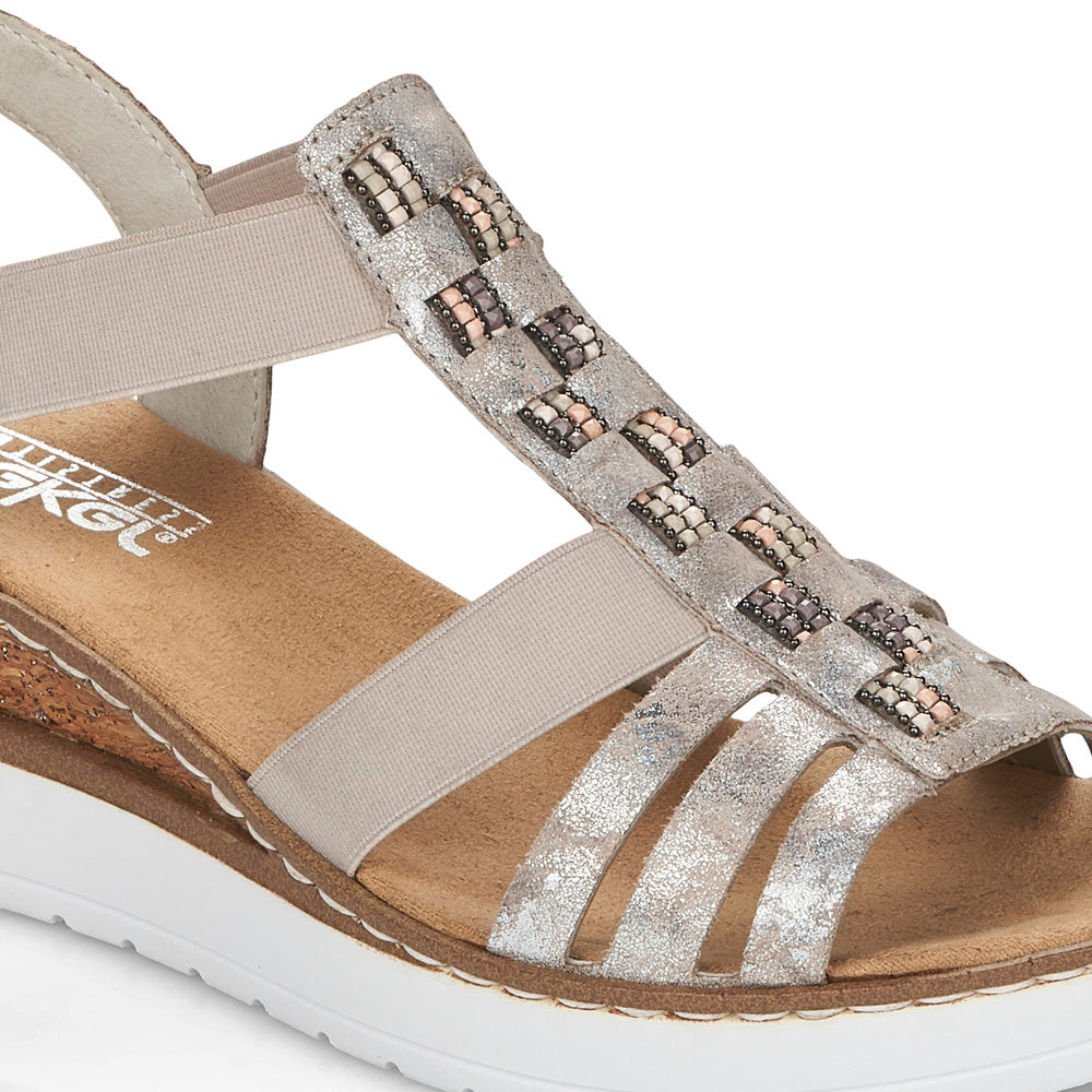 RIEKER - V3822-90 WEDGE FASHION SANDAL - TAUPE METALLIC