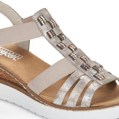 RIEKER - V3822-90 WEDGE FASHION SANDAL - TAUPE METALLIC
