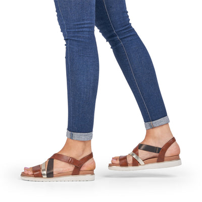 RIEKER - V5073-24 LOW WEDGE CASUAL STRAP SANDAL - BROWN COMBO