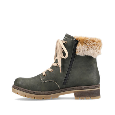 RIEKER - Y7411-54 FLAT LACED ANKLE BOOT WITH FAUX FUR COLLAR - GREEN