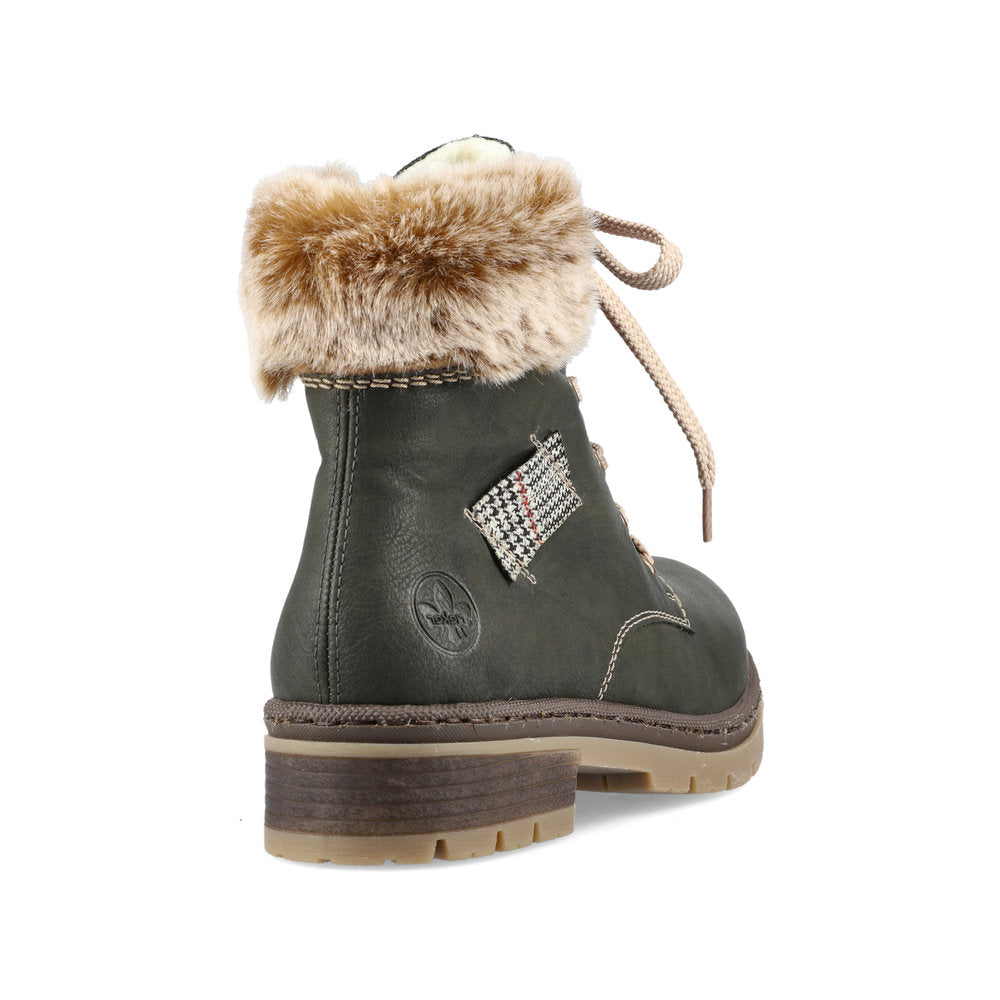 RIEKER - Y7411-54 FLAT LACED ANKLE BOOT WITH FAUX FUR COLLAR - GREEN