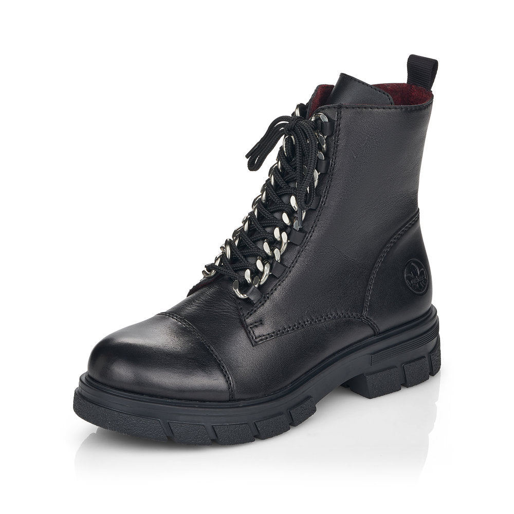 RIEKER - RIEKER LOW HEEL LACED ANKLE BOOT WITH SIDE ZIP - BLACK