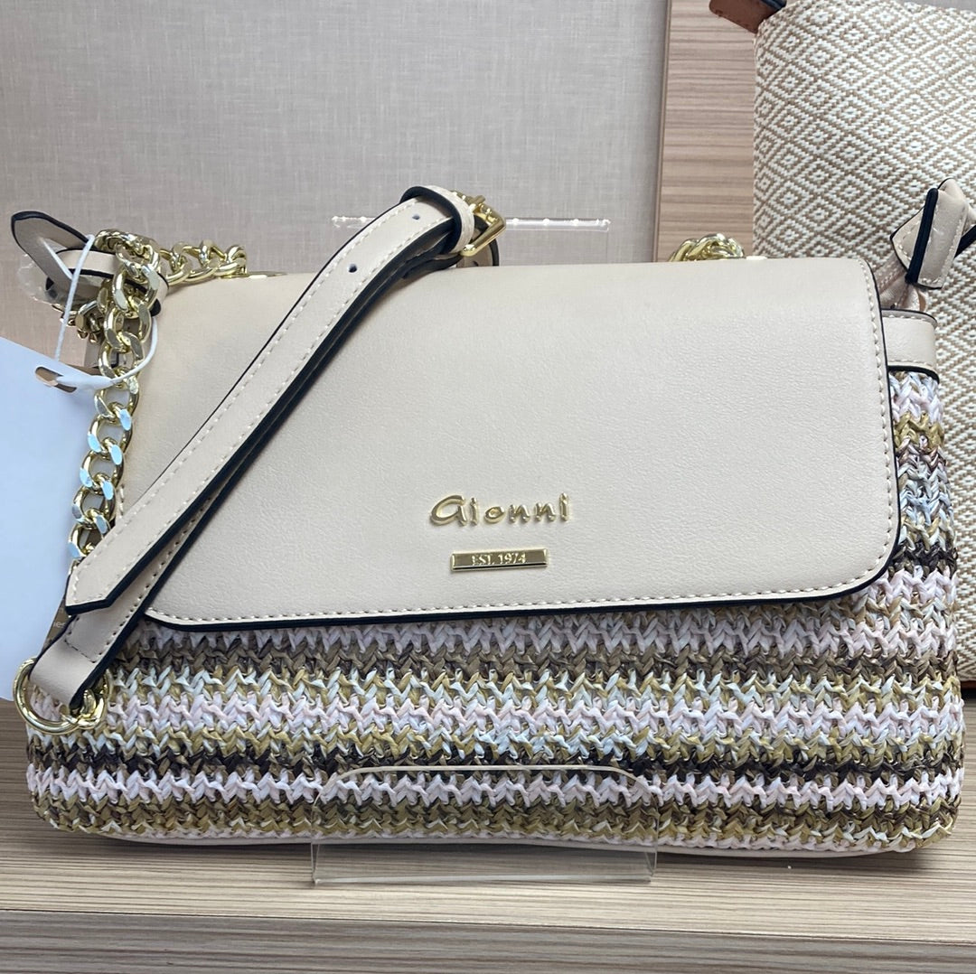 GIONNI - 11G2427 DELMAR-STRIPED STRAW FLAPOVER CROSSBODY BAG - NATURAL