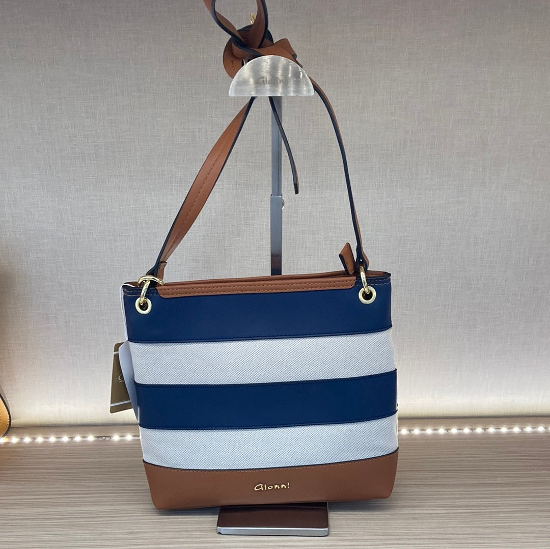 GIONNI - 11G2414 CANCUN-STRIPPED CANVAS CROSSBODY BAG WITH TASSEL - TAN/NAVY