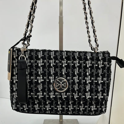 GIONNI VESTA TWEED FLAPOVER CROSSBODY BAG - BLACK
