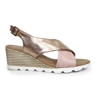 LUNAR - JLY163 Karen Cross Strap Wedge Sandal Pink/Gold